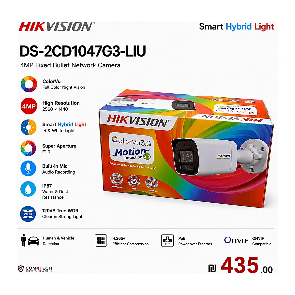 מצלמה צינור 4Mp IP Bullet Hikvision ColorVu3.0 DS-2CD1047G3-LIU — מצלמות IP 4MP של Hikvision Hikvision 2026