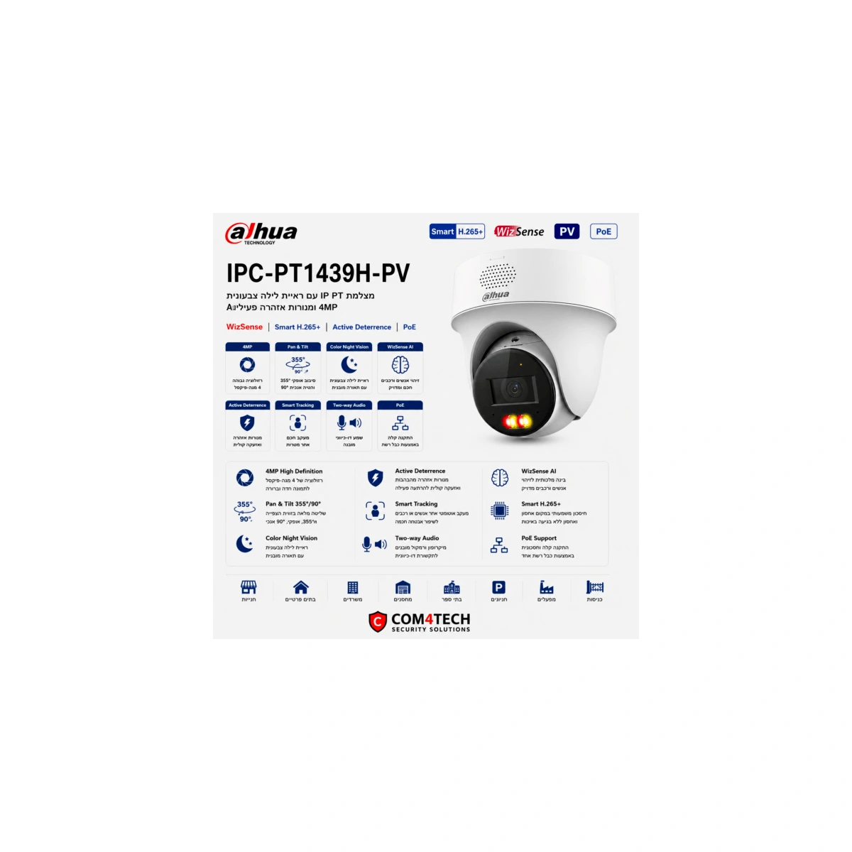 מצלמה רשת PT חכמה כפולה עם אור אקטיבי 4MP Dahua IPC-PT1439H-PV — מצלמות DAHUA IP Hikvision 2026