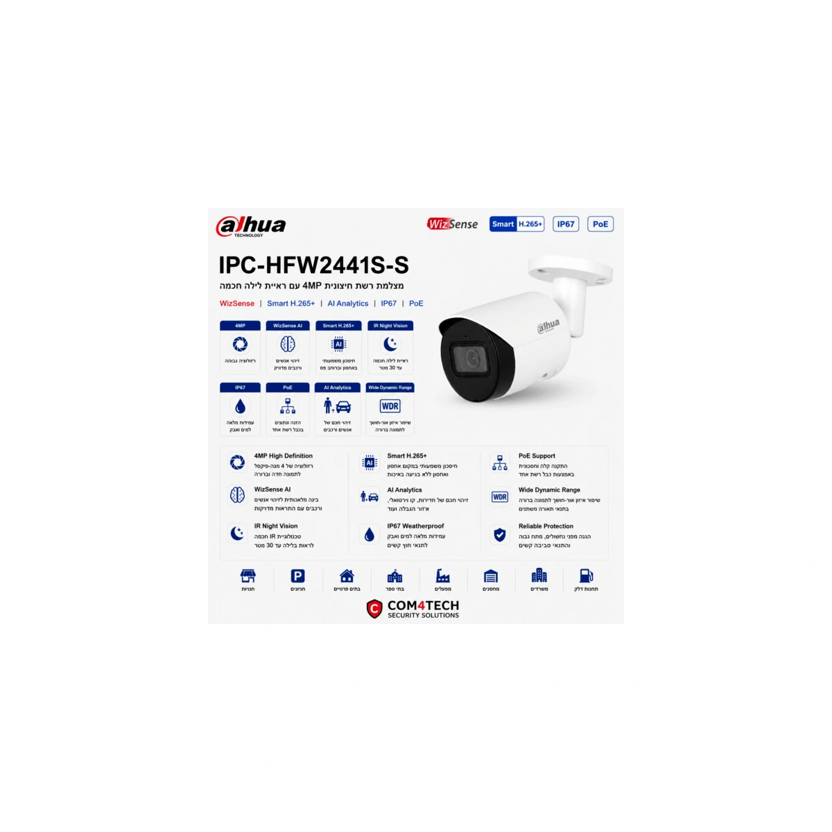 מצלמה צינור Dahua 4Mp IPC-HFW2441S-S IP — מצלמות DAHUA IP Hikvision 2026