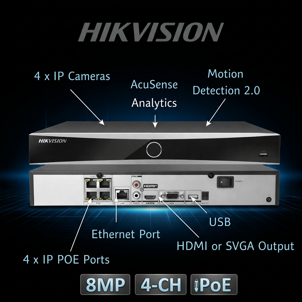 מערכת הקלטה 4 ערוצים 8MP עם PoE מובנה DS-7604NXI-K1/4P מבית Hikvision — מקליטי NVR 4 ערוצים Hikvision 2026