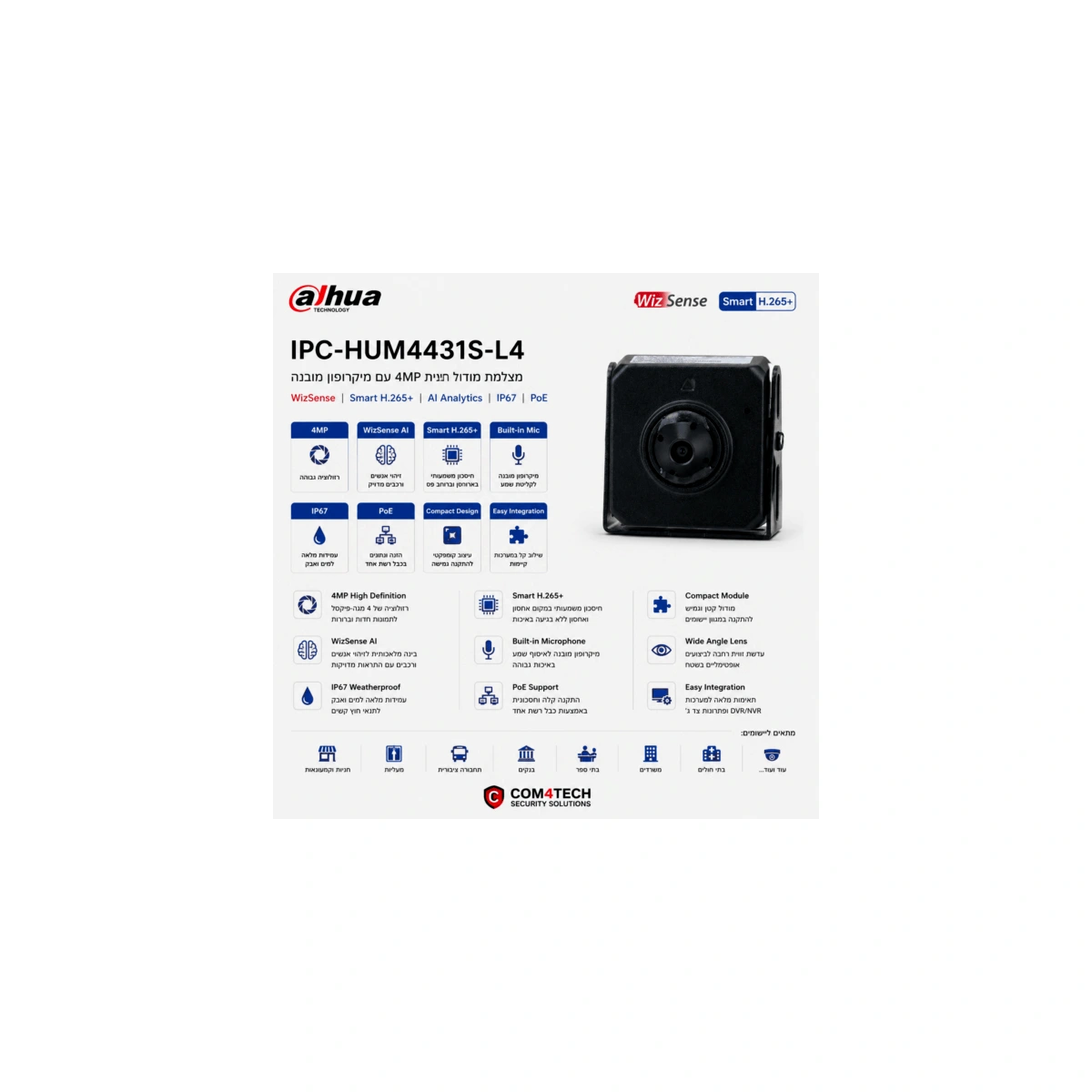 מצלמה Dahua IP 4Mp פינהול DH-IPC-HUM4431S-L4 — מצלמות DAHUA IP Hikvision 2026