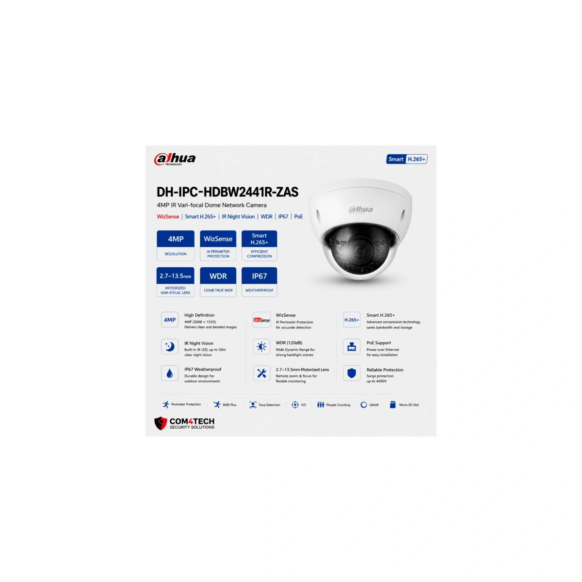 מצלמה כיפה WizSense 4MP Dahua DH-IPC-HDBW2441R-ZAS — מצלמות DAHUA IP Hikvision 2026