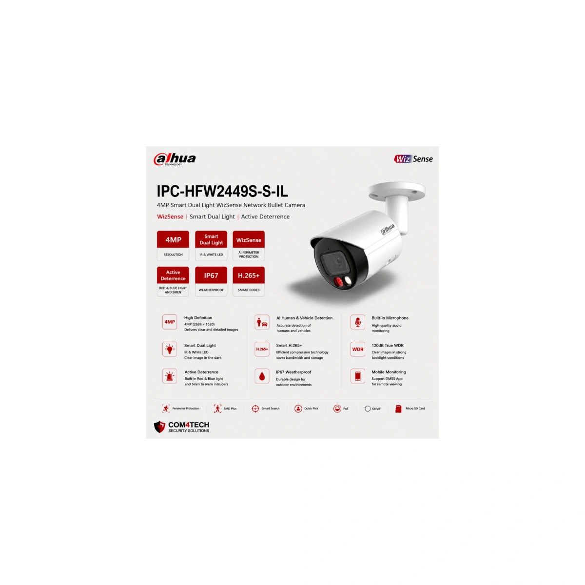 מצלמה Dahua iP IPC-HFW2449S-S-IL 4MP Smart Dual Light t WizSense יבואן רשמי — מצלמות DAHUA IP Hikvision 2026