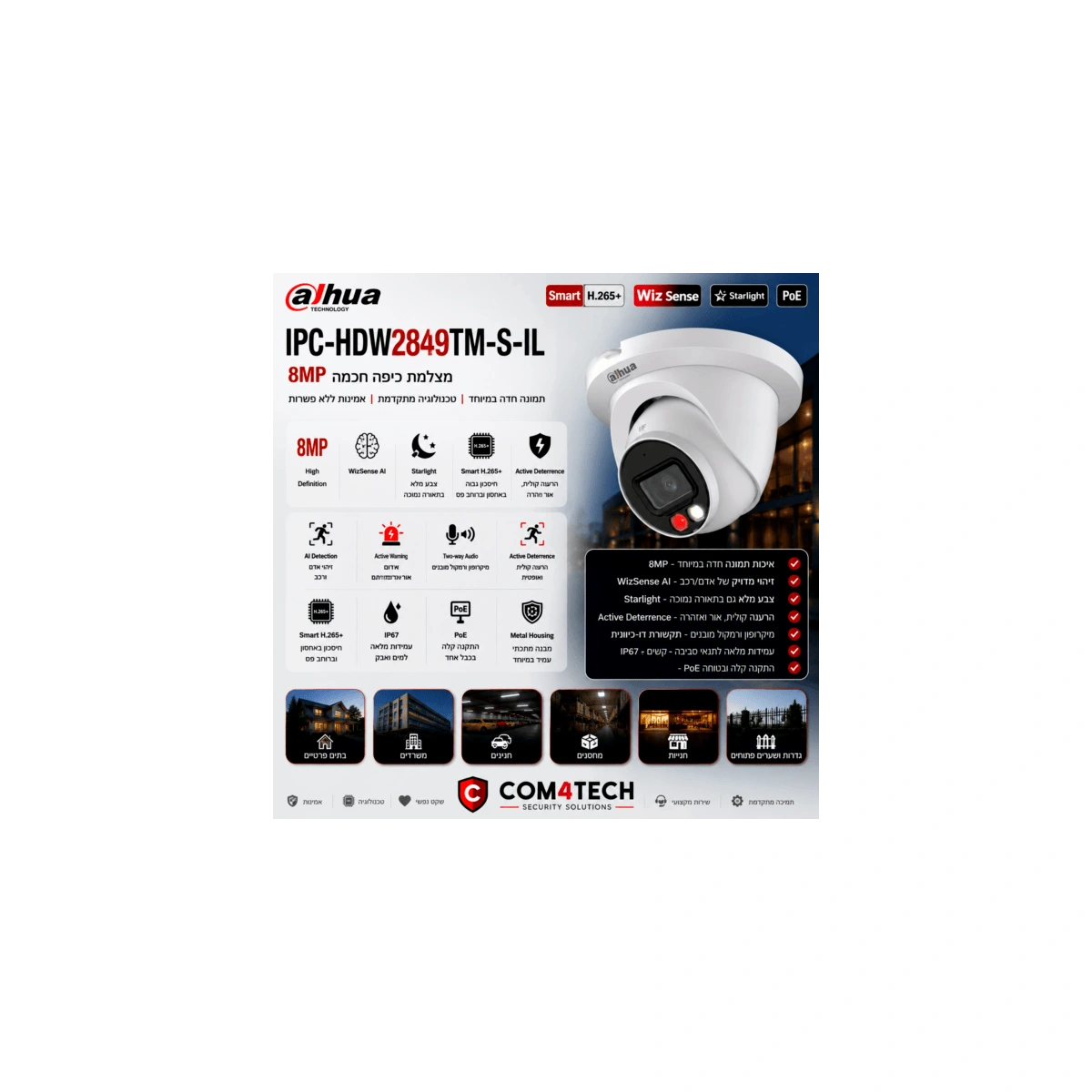 מצלמה כיפה Dahua DH-IPC-HDW2849TM-S-IL IP Camera 8MP 2.8mm — מצלמות DAHUA IP Hikvision 2026