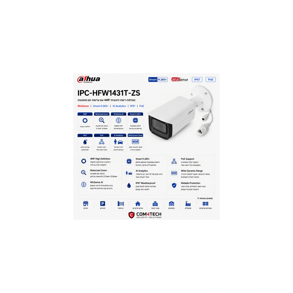 מצלמת רשת צינור Dahua IPC-HFW1431T-ZS 4MP — מצלמות DAHUA IP Hikvision 2026
