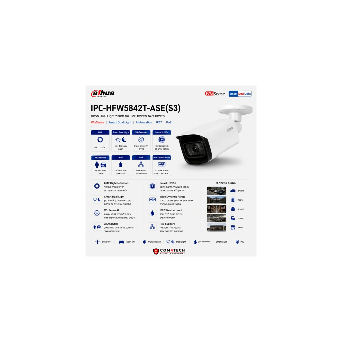 מצלמת רשת צינור 8 מגה פיקסל WizMind IPC-HFW5842T-ASE(S3) Dahua — מצלמות DAHUA IP Hikvision 2026
