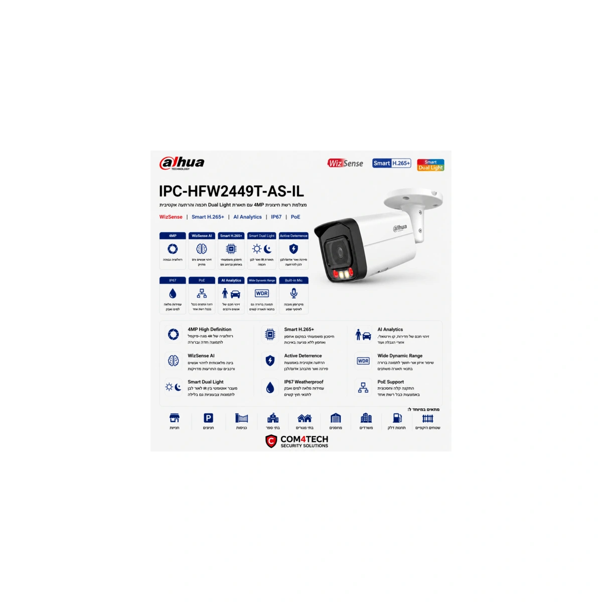 מצלמה Dahua iP IPC-HFW2449T-AS-IL 4MP Smart Dual Light t WizSense Network Camera — מצלמות DAHUA IP Hikvision 2026
