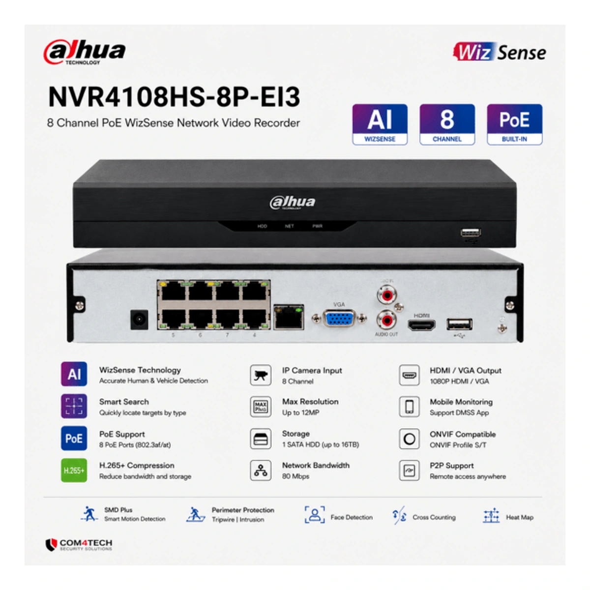 מערכת הקלטה NVR Dahua 8Ch NVR4108HS-8P-EI3 POE WizSense – NVR4108HS-8P-EI3 – NVR DAHUA | CAM4HIK