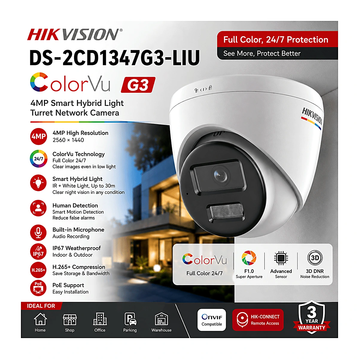 מצלמה כיפה 4Mp IP DOME Hikvision ColorVu3.0 DS-2CD1347G3-LIU — מצלמות IP 4MP של Hikvision Hikvision 2026