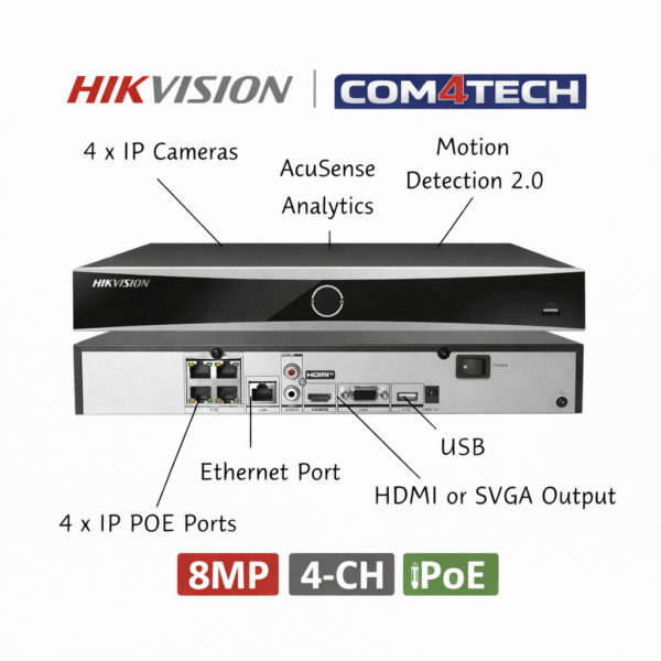 מערכת הקלטה 4 ערוצים 8MP עם PoE מובנה DS-7604NXI-K1/4P מבית Hikvision — מערכת הקלטה Hikvision NVR 4-CH Hikvision 2026