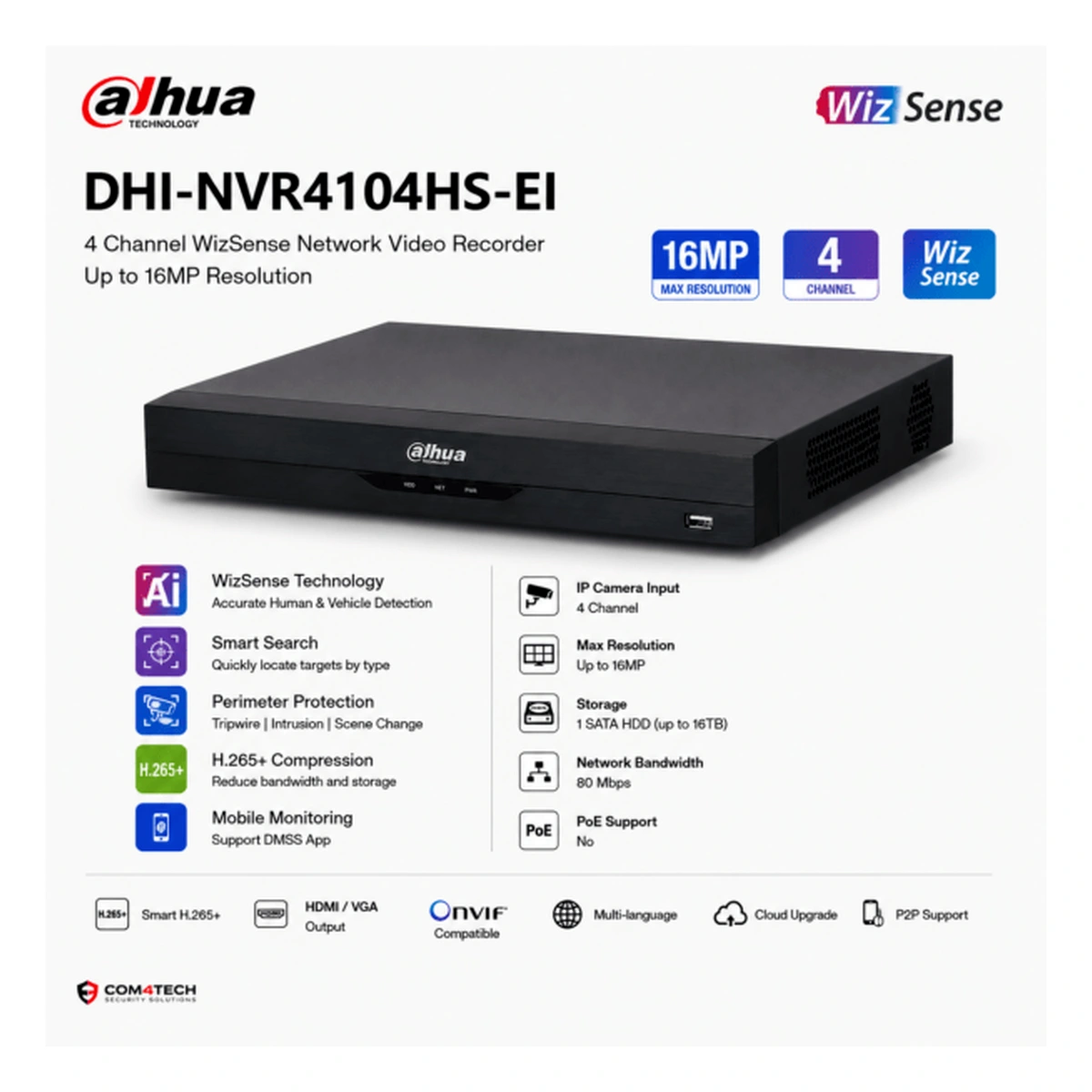 מערכת הקלטה Dahua NVR DHI-NVR4104HS-EI תמיכה 4 ערוצים WizSense 16MP – DHI-NVR4104HS-EI – NVR DAHUA | CAM4HIK