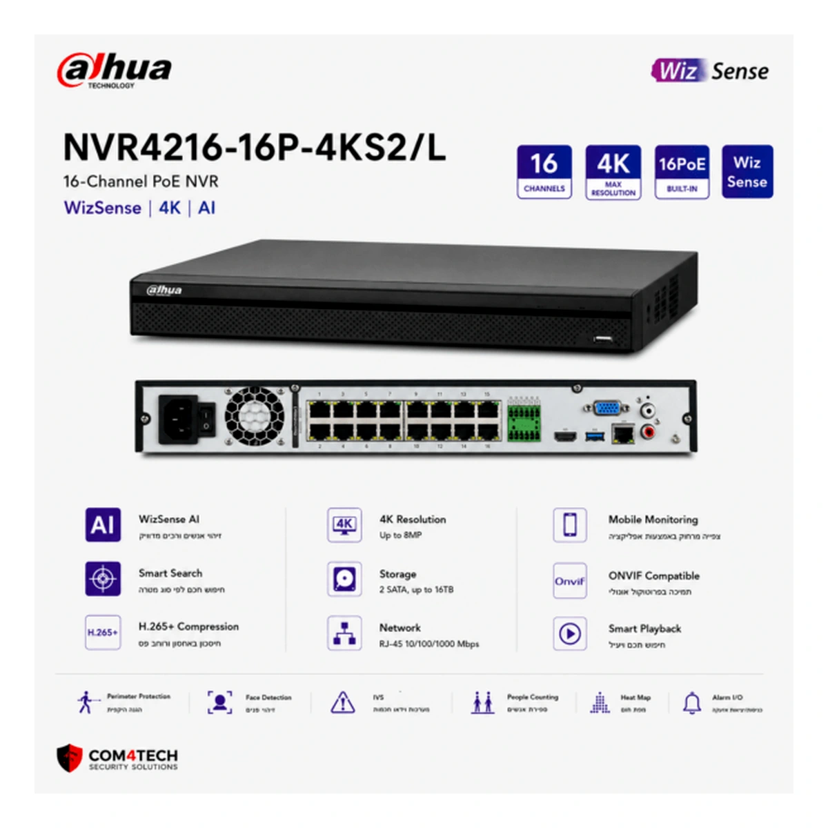 מערכת הקלטה ל16 ערוצים NVR4216-16P-4KS2/L PoE Dahua – NVR DAHUA | CAM4HIK
