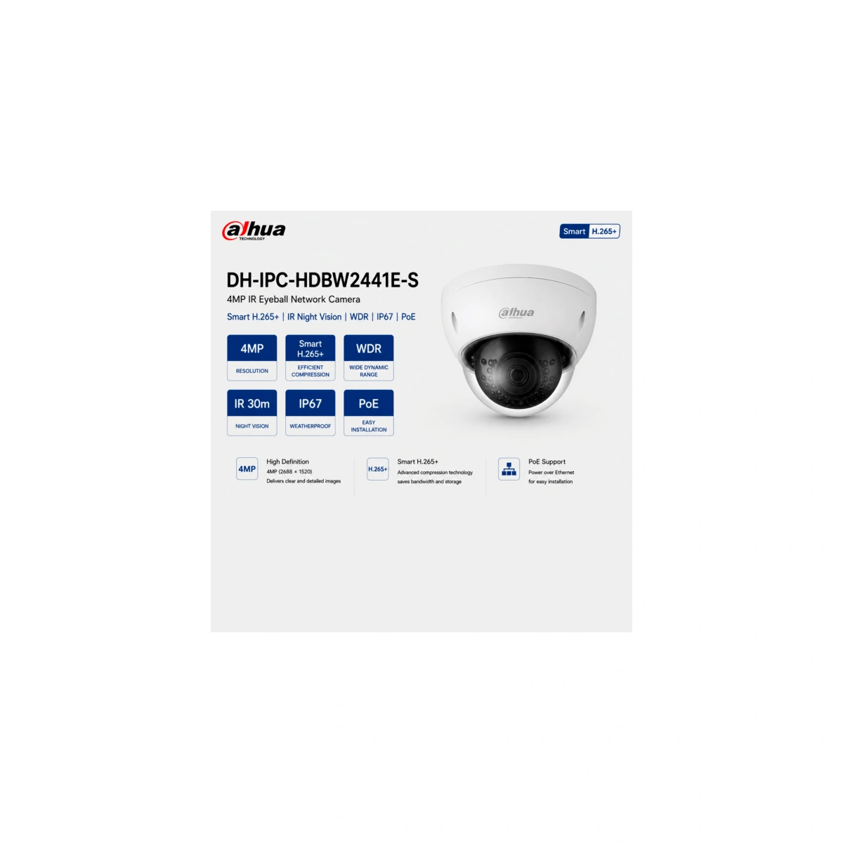 מצלמה כיפה 4MP IR Fixed Focal Dome WizSense Network DH-IPC-HDBW2441E-S Dahua — מצלמות DAHUA IP Hikvision 2026