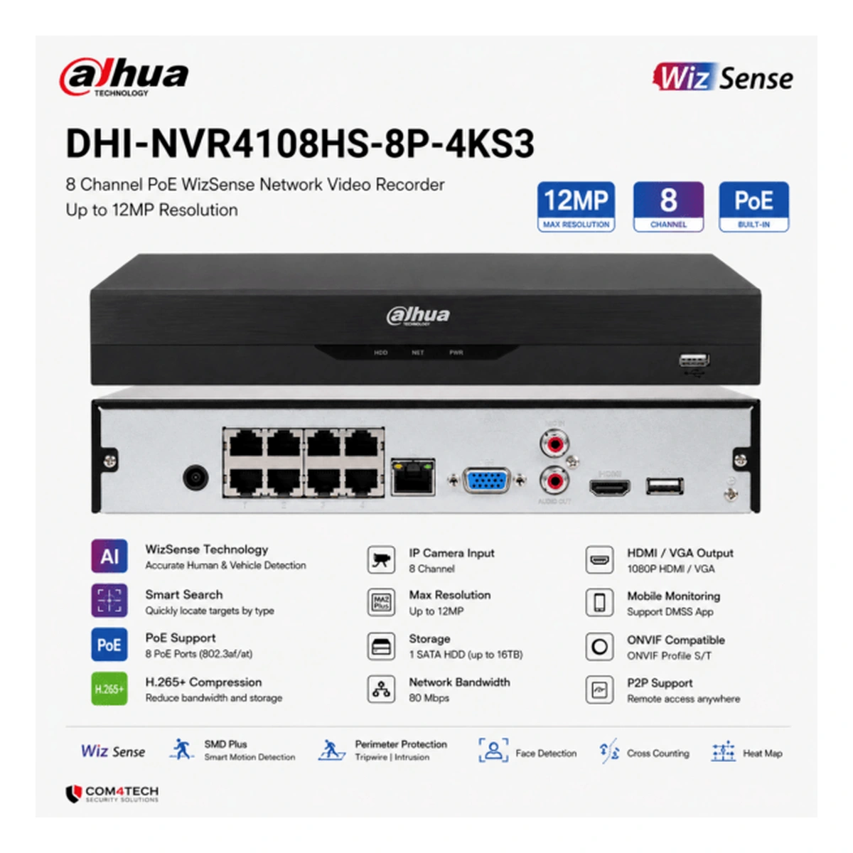 מערכת הקלטה NVR Dahua 8Ch NVR4108HS-8P-4KS3 POE – NVR4108HS-8P-4KS3 – NVR DAHUA | CAM4HIK