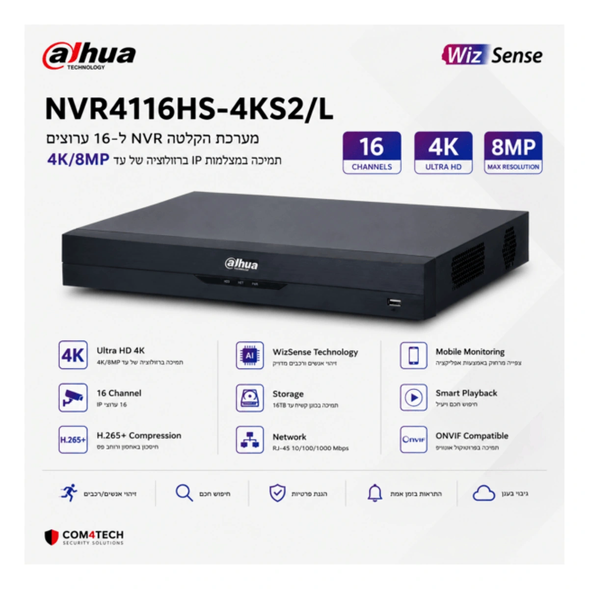 מערכת הקלטה ל16 ערוצים NVR4116HS-4KS2/L NVR מצלמות IP ברזולוציה של עד 4k/8MP – NVR DAHUA | CAM4HIK