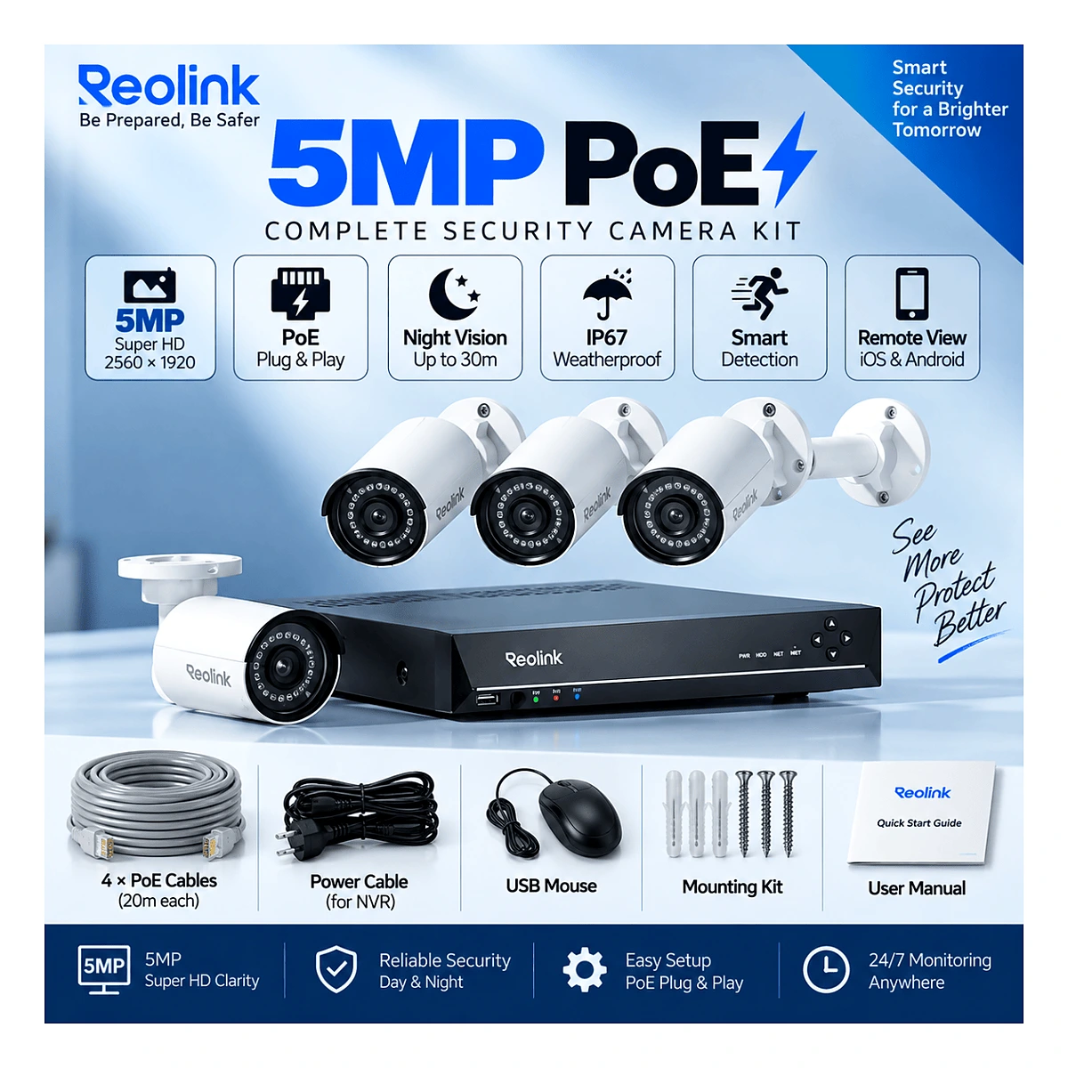 קיט 4 מצלמות צינור 5 מגה עדשה 2.8 מ”מ ומכשיר RLK8-410B4 POE Reolink — מחירון REOLINK Hikvision 2026