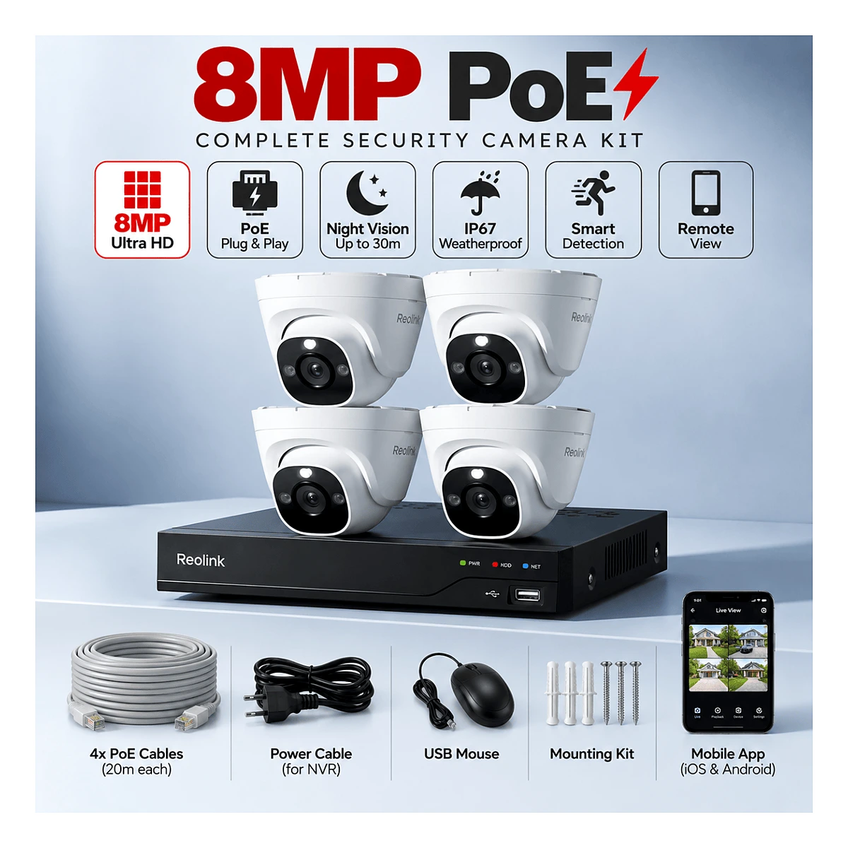 קיט 4 מצלמות כיפה 4K 8Mp NVR Reolink PoE NVS8-8MD4 — מחירון REOLINK Hikvision 2026